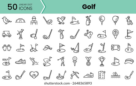 A collection of 50 linear dot icons representing various elements of golf, including equipment, players, and accessories, showcasing a clean and modern design.