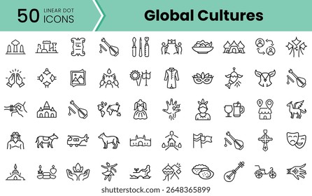 A collection of 50 linear dot icons representing diverse global cultures, featuring symbols of art, music, landmarks, and traditional attire.