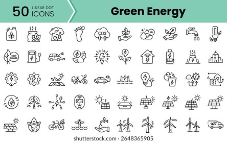 A collection of 50 linear dot icons representing green energy concepts, including solar panels, wind turbines, and eco-friendly initiatives in a clean design.