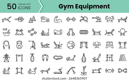 Uma coleção de 50 ícones de pontos lineares representando vários equipamentos de ginástica, com pesos, bancos e máquinas de cardio, ideais para entusiastas e designers de fitness.