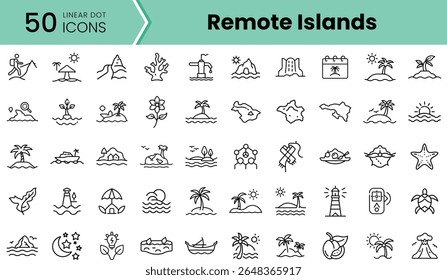 A collection of 50 linear dot icons representing remote islands, featuring various elements like beaches, palm trees, lighthouses, and marine life.