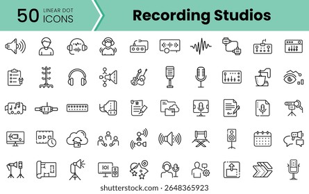 A collection of 50 linear dot icons representing various elements of recording studios, showcasing audio equipment, musical instruments, and sound related symbols.