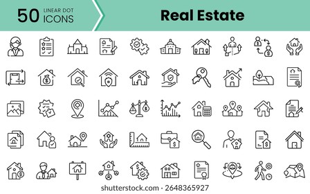 A collection of 50 linear dot icons representing various aspects of real estate, including homes, keys, contracts, and professionals in a clean, minimalistic style.