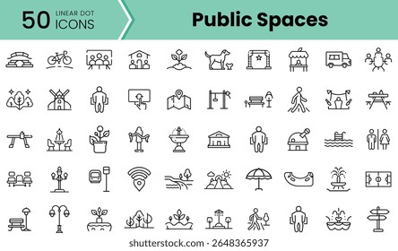 A collection of 50 linear dot icons representing various public spaces, featuring parks, events, and recreational activities in a minimalist style.