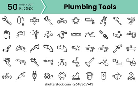 A collection of 50 linear dot icons representing various plumbing tools, including wrenches, pipes, and faucets, suitable for plumbing-related projects.