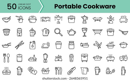Uma coleção de 50 ícones de ponto linear representando vários itens de utensílios de cozinha portáteis, incluindo panelas, panelas, utensílios e utensílios de cozinha em um design minimalista.