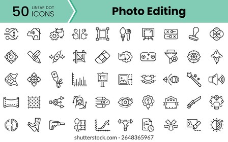 Uma coleção de 50 ícones de pontos lineares representando várias ferramentas e conceitos de edição de fotos, projetados para proporcionar clareza e facilidade de uso em mídia digital.