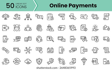 Uma coleção de 50 ícones de pontos lineares representando pagamentos on-line, apresentando diversos métodos de pagamento e símbolos de segurança em um design minimalista.
