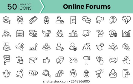 A collection of 50 linear dot icons representing online forums, showcasing various themes like communication, support, and engagement in a minimalist design.