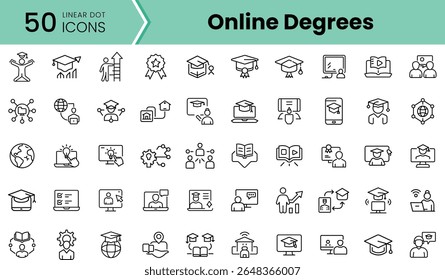 A collection of 50 linear dot icons related to online degrees and education, showcasing elements like graduation caps, books, and digital learning.