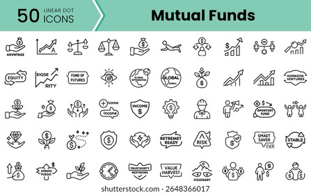 A collection of 50 linear dot icons illustrating various concepts related to mutual funds, finance, investment, and growth, designed for a professional setting.