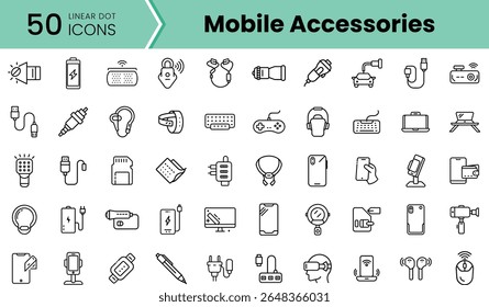 A collection of 50 linear dot icons representing various mobile accessories, showcasing a range from chargers to headphones. Ideal for tech enthusiasts.