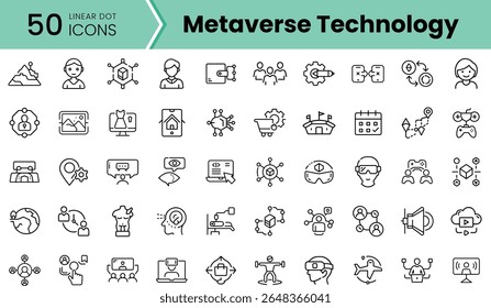 A collection of 50 linear dot icons representing various aspects of metaverse technology, featuring elements like virtual reality, gaming, and connectivity.