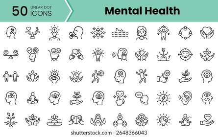 A collection of 50 linear dot icons representing various aspects of mental health, showcasing themes of wellness, support, and mindfulness in a modern design.