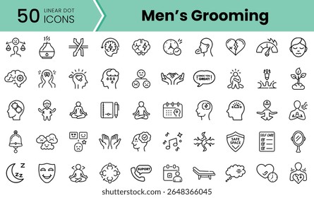 A collection of 50 linear dot icons representing men's grooming and wellness, featuring diverse themes like self-care, mindfulness, and mental health.
