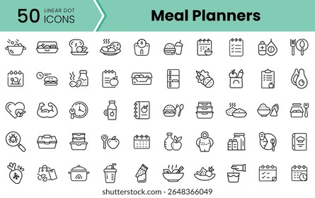 A collection of 50 linear dot icons featuring meal planners, including food containers, utensils, calendar, and beverage icons in a minimalist design.