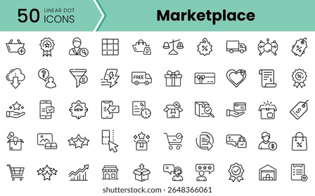 A collection of 50 linear dot icons representing various aspects of a marketplace, including shopping, deliveries, customer service, and rewards, ideal for digital designs.