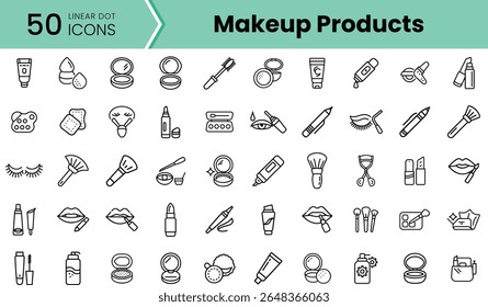 A collection of 50 linear dot icons representing various makeup products, showcasing an array of beauty tools and cosmetics for makeup enthusiasts.