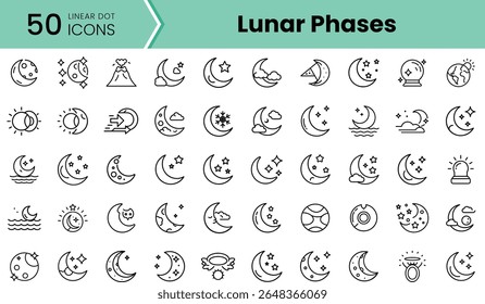 Uma coleção de 50 ícones de pontos lineares representando várias fases lunares e elementos relacionados à Lua, apresentando diversos designs e estilos.