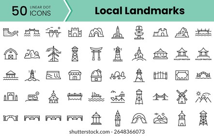 A collection of 50 linear dot icons depicting various local landmarks, including bridges, lighthouses, and pavilions, perfect for travel-related designs.