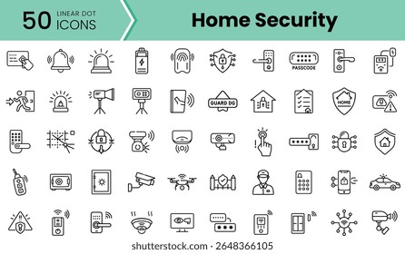 Una colección de 50 iconos de puntos lineales que representan varios aspectos de la seguridad en el hogar, mostrando alarmas, cámaras, cerraduras y dispositivos de monitoreo.