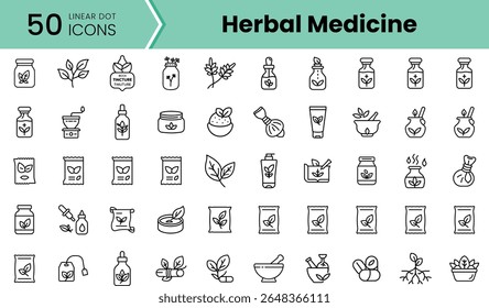 Uma coleção de 50 ícones de pontos lineares representando vários elementos de medicina herbal, mostrando garrafas, folhas e preparações herbal em um design limpo e moderno.
