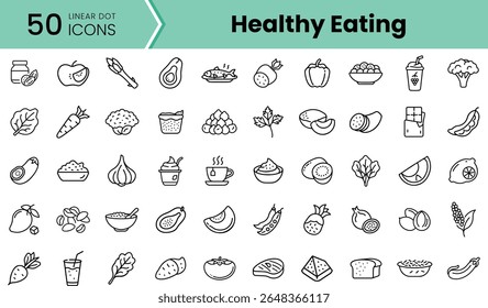 A collection of 50 linear dot icons representing healthy eating, showcasing various fruits, vegetables, and nutritious foods in a minimalist design.