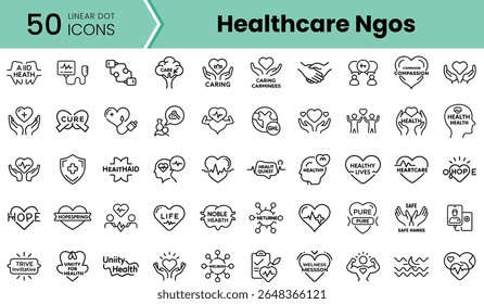 A collection of 50 linear dot icons representing various healthcare NGOs, featuring symbols of care, compassion, and wellness in a clean, modern design.