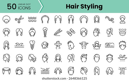 A collection of 50 linear dot icons representing various hair styling techniques, including braids, curls, and tools, in a minimalistic design.