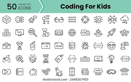 A collection of 50 linear dot icons representing coding concepts, perfect for kids' educational materials. Engaging visuals in black and white enhance learning.