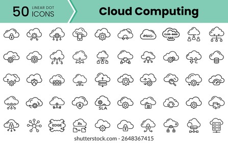 Uma coleção de 50 ícones de pontos lineares representando conceitos de computação em nuvem, incluindo armazenamento de dados, segurança e modelos de serviço em um design limpo e minimalista.