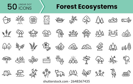 Uma coleção de 50 ícones de pontos lineares representando vários elementos de ecossistemas florestais, incluindo flora, fauna e paisagens, colocados contra um fundo verde vibrante.