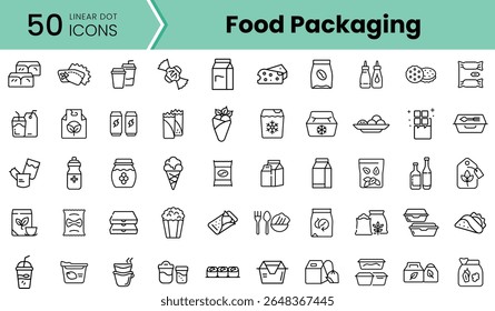 A collection of 50 linear dot icons representing various food packaging designs, including bottles, containers, and snacks, showcasing a modern, minimalist style.