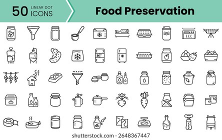 Uma coleção de 50 ícones de pontos lineares representando vários métodos de preservação de alimentos, incluindo frascos, garrafas e ferramentas para enlatar e decapagem.