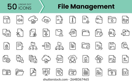 A collection of 50 linear dot icons showcasing various file management concepts, including folders, documents, and cloud storage, all in a clean, minimalist style.