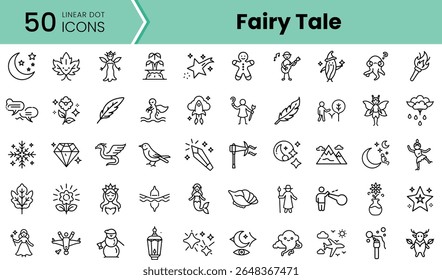 Uma coleção de 50 ícones de pontos lineares retratando vários elementos de conto de fadas, incluindo criaturas míticas, objetos encantados e símbolos caprichosos em preto e branco.