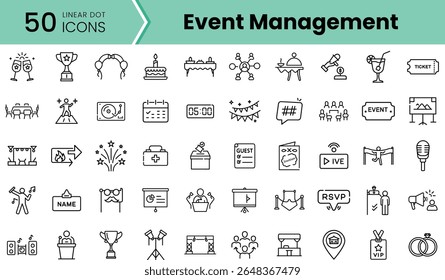 A collection of 50 linear dot icons related to event management, featuring symbols like trophies, invitations, and live performances in a minimalist style.
