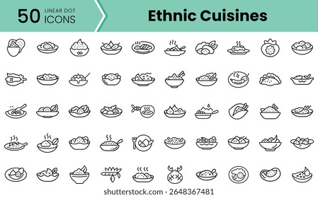 Uma coleção de 50 ícones de pontos lineares representando diversas cozinhas étnicas, mostrando uma variedade de pratos e ingredientes em um design minimalista.