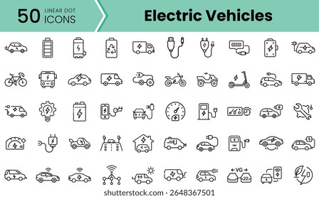 Una colección de 50 puntos lineales que representan vehículos eléctricos, incluyendo coches, motos y símbolos de carga en un estilo minimalista.