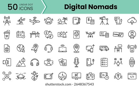 A collection of 50 linear dot icons representing digital nomads, featuring symbols for travel, technology, and remote work in a clean, minimalist style.