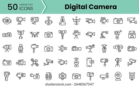 A collection of 50 linear dot icons featuring various types of digital cameras and related equipment. Ideal for media, photography, and technology themes.