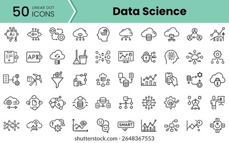 A collection of 50 linear dot icons representing data science concepts, including analytics, cloud computing, and machine learning, perfect for tech presentations.