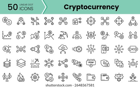 Uma coleção de 50 ícones de pontos lineares representando vários conceitos relacionados à criptomoeda, incluindo gráficos, carteiras e mineração, definidos contra um fundo limpo.
