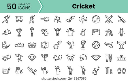 A collection of 50 linear dot icons representing various cricket elements, including players, equipment, and trophies, ideal for sports-themed designs.