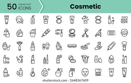 Uma coleção de 50 ícones de ponto linear representando vários produtos cosméticos e ferramentas, mostrando uma gama diversificada de beleza essenciais para cada entusiasta cosmético.