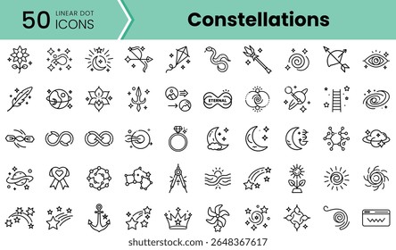Uma coleção de 50 ícones de pontos lineares representando várias constelações e símbolos celestes, projetados com uma estética minimalista para aprimorar os designs modernos.