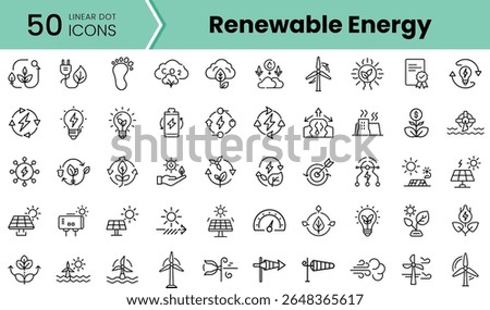 A collection of 50 linear dot icons representing renewable energy concepts, including solar panels, wind turbines, and eco-friendly symbols, perfect for environmental themes.