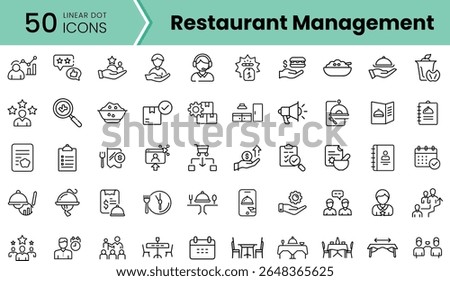 A collection of 50 linear dot icons representing various aspects of restaurant management, featuring tools for service, menu, and customer satisfaction.