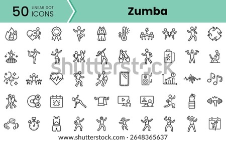 A collection of 50 linear dot icons depicting various Zumba activities, including dancing, fitness exercises, and music symbols, perfect for promoting an active lifestyle.