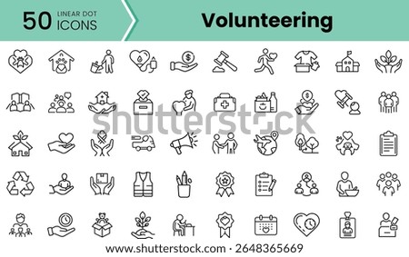 A collection of 50 linear dot icons representing volunteering activities, showcasing community, care, and humanitarian themes in a simple, modern style.